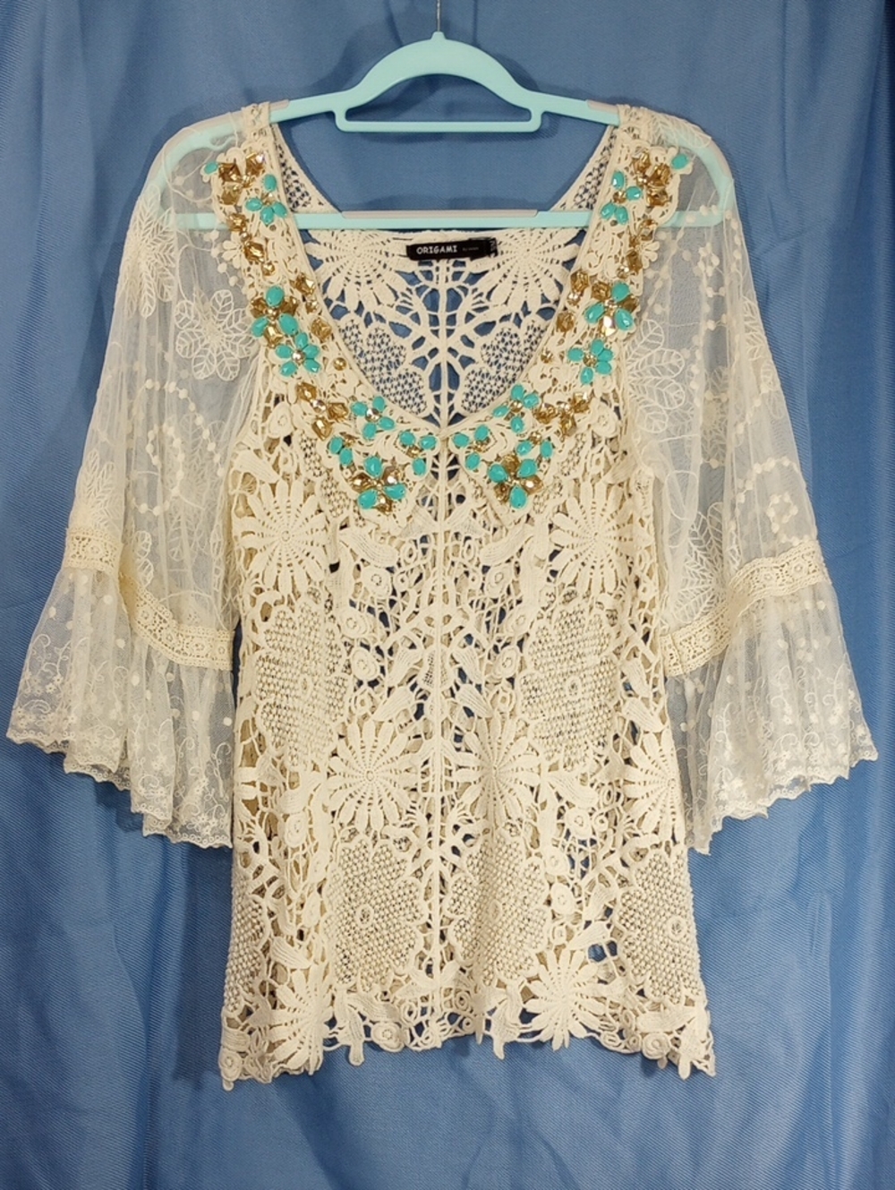 Origami By Vivien Crochet Top Size S/M Cream Lacey Bell Sleeves Beaded Boho